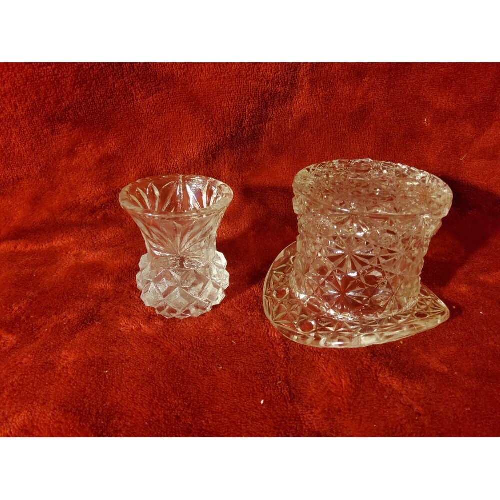 Vintage Clear Pineapple Toothpick Holder & Clear Diamond Cut Top Hat